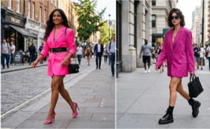 A 2-panel street-style image showing women wearing oversized neon pink structured blazers as dresses, accessorized with wide belts, hot pink heels, and combat boots.