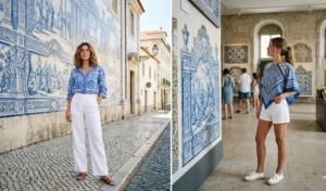 Women standing near traditional Portuguese tiled walls wearing crisp white wide-leg trousers and blue patterned blouses inspired by classic azulejo tiles.