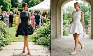 "Split-screen editorial shot of high-fashion bubble skirt dresses with structural bodices and voluminous hems."
