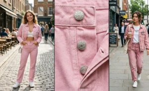 A 3-panel image displaying casual pink denim-on-denim outfits, featuring matching pastel pink denim jackets and jeans paired with white bralettes and tees.