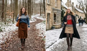 Two women modeling traditional Fair Isle knitted sweaters with corduroy skirts and boots for a cozy winter fashion look.