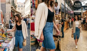 Women browsing a vibrant Portuguese local market wearing trendy denim midi-skirts styled with fitted bodysuits and oversized linen blazers.