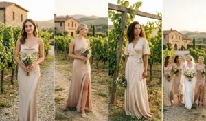 A 4-panel photo collage showing bridesmaids in elegant champagne and neutral-toned silk slip and wrap dresses, posing with the bride at a scenic vineyard.