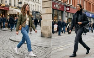 "Women styling cropped quilted jackets with high-waisted straight-leg jeans."