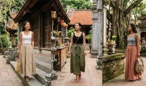 A three-panel collage showcasing diverse women exploring an ancient Vietnamese pagoda. They are all wearing flowy, modest linen maxi skirts in beige, olive green, and rust tones, paired with simple sleeveless tops, highlighting practical temple attire.