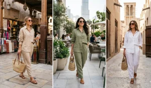 Three women wearing stylish oversized linen matching sets in neutral tones while walking through a traditional Dubai souk.