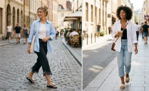 Split image of two women wearing frayed hem denim capri pants paired with glamorous pearl-embellished slide sandals in the city.