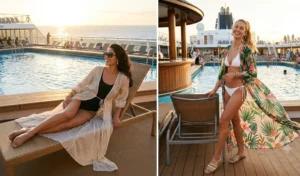 A side-by-side image of women lounging by a cruise ship pool wearing elegant, sheer chiffon swimsuit dusters over their bikinis and one-pieces.