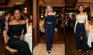 A three-panel image showing women wearing elegant evening outfits with fitted off-the-shoulder bodysuits and high-waisted wide-leg tailored pants.