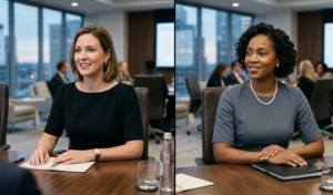 Two women in a corporate boardroom wearing structured midi sheath dresses in black and slate grey, elegantly accessorized with a leather watch and a pearl necklace.