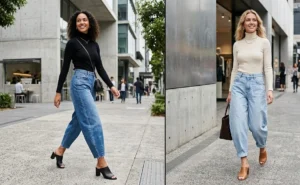 Side-by-side photo of two women wearing modern architectural barrel-leg jeans paired with sleek leather peep-toe mules.