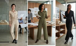 A collage of three women in a progressive architectural firm wearing elegant tailored jumpsuits in beige, olive, and black, paired with pointed-toe ankle boots.