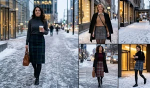 A four-panel collage showing women in winter corporate attire, featuring structured plaid skirts, thick opaque black tights, cozy cashmere sweaters, and low-profile black leather sneakers.