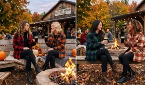 "Women in plaid shackets, black leggings, and combat boots at an outdoor fire pit."