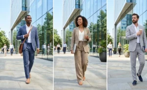 A collage of professionals outside a modern glass building wearing breathable, lightweight linen-blend summer suits in dove grey, tan, and light navy.