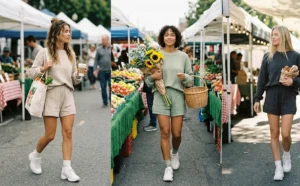 A three-panel image of women wearing casual matching knit two-piece shorts and sweater sets styled with chunky white sneakers.
