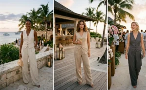 "Three women attending an island event wearing tailored linen vest and trouser sets in neutral sand colors."