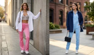 A split-screen image showcasing the modern McBling aesthetic with oversized white shirts layered over colorful velour tracksuits and rhinestone crop tops.