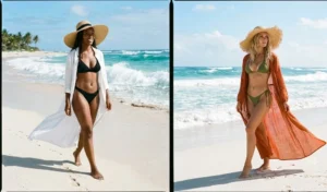 "Two women on a white sand beach wearing floor-length semi-sheer dusters over bikinis with large sun hats."