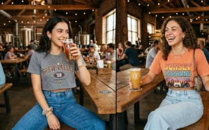 "Women in high-waisted wide-leg jeans and cropped graphic tees at a brewery."