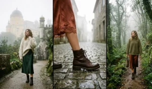 Women modeling mountain-chic fashion featuring chunky knit sweaters layered over satin slip dresses in the misty, forested climate of Sintra, Portugal.