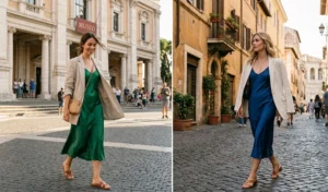 A two-panel photo collage showing women wearing jewel-toned satin midi slip dresses layered elegantly under oversized lightweight linen blazers, styled with low block-heel sandals.