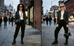 Two women standing on a city sidewalk wearing an edgy outfit combination of black sweatpants tucked into black leather combat boots, white baby tees, and black leather biker jackets.