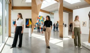 "Stylish women in wide-leg trousers and fitted mock neck tops posing in an architectural gallery, showcasing modern, clean-lined silhouettes."