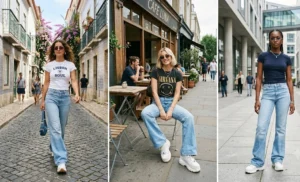 A photo collage of three women styling chunky platform sneakers with light-wash denim flare pants and casual summer tops on sunny city streets.