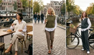 Amsterdam canal cafe outfit ideas with oversized sweater vests, white button-down shirts, and relaxed trousers for women.