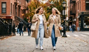 Women's autumn street style featuring a classic beige trench coat layered over a basic white tee and jeans, completed with retro chunky sneakers.