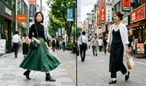 Two women walking in Tokyo wearing modest, smart-casual Japanese street fashion, featuring a flowing midi skirt and a slip dress thoughtfully layered over a white button-down shirt.