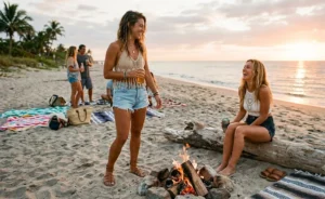 Two women relaxing at a sunset beach bonfire, wearing casual boho luau outfits featuring handcrafted crochet crop tops and light-wash denim shorts.