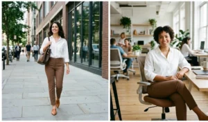 Two women styling classic business casual attire with slim-fit mocha brown trousers, crisp white button-down shirts, and chic leather tote bags.