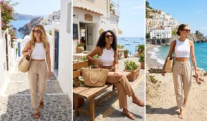 Three women wearing breathable warm-weather outfits featuring light tan linen drawstring pants, crisp white ribbed crop tops, and slide sandals.
