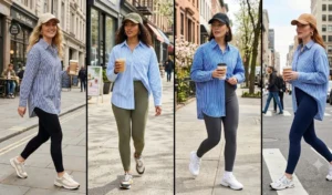 A four-panel collage of women wearing casual spring athleisure outfits featuring oversized striped button-down shirts over high-waisted ribbed leggings.