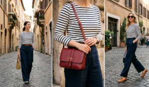 A three-panel photo collage of women wearing tailored wide-leg linen pants and long-sleeve Breton striped tops in Rome, featuring a red leather crossbody bag, cat-eye sunglasses, and leather loafers.