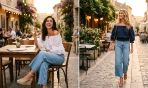 Side-by-side image of two women wearing wide-leg light wash denim and woven espadrille wedges at an outdoor cafe at sunset.