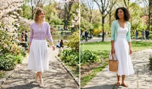 A side-by-side image of two women wearing pastel cropped cardigans paired with flowing white midi skirts in a springtime park.