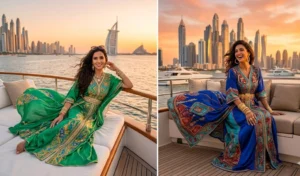 Two women wearing vibrant, flowing silk caftan dresses while relaxing on a private luxury yacht in Dubai at sunset.