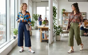 Side-by-side photos of two women in a modern workspace wearing wide-leg cropped culottes, bold patterned silk blouses, and sleek retro running shoes.