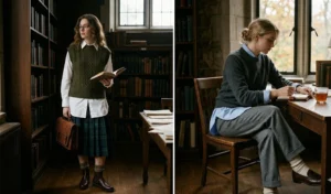A split-screen image displaying preppy dark academia styling with chunky knit sweater vests and crewnecks layered over collared oversized shirts.