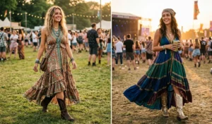 Two-panel festival style image featuring tiered boho maxi dresses styled with layered jewelry and embroidered western cowboy boots.