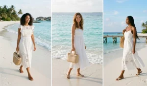 Three women strolling along a pristine white sand beach in the Maldives, wearing romantic white cotton eyelet lace sundresses paired with woven sandals and raffia bags.