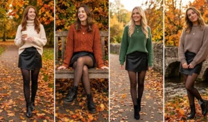 Collage of four women modeling cozy, oversized chunky knit sweaters tucked into black faux leather skorts, styled with tights and boots for stylish autumn weather.