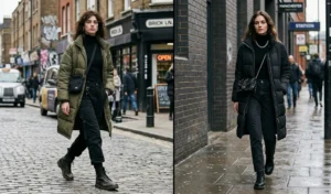 "Women wearing longline quilted jackets open over all-black outfits with combat boots."