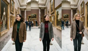 "Three women in an art museum wearing oversized tweed blazers and fitted turtlenecks, showcasing Dark Academia aesthetic fashion."