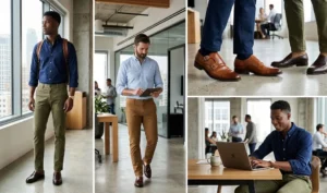 A photo collage of men in a modern tech office wearing smart olive, navy, and tan cotton chinos paired with Oxford shirts and polished leather loafers.
