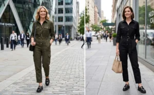 Two women wearing belted safari-style jumpsuits paired with trendy chunky loafers in an urban setting, illustrating a sophisticated smart-casual outfit idea.