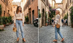A two-panel photo collage of women wearing relaxed light-wash straight-leg jeans and embroidered bohemian peasant blouses with block-heel sandals on a picturesque Roman street.